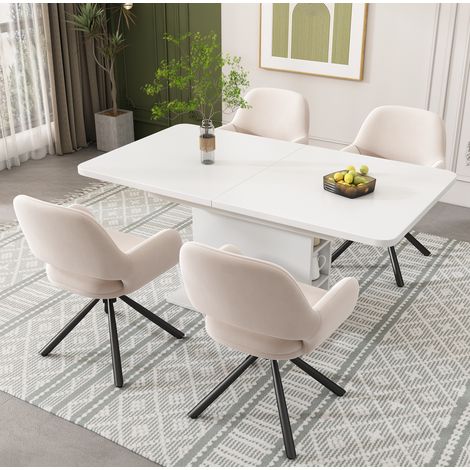 Set da pranzo con tavolo allungabile e 4 sedie, funzione contenitore, truciolare, velluto, metallo, legno massiccio, beige (1/5)