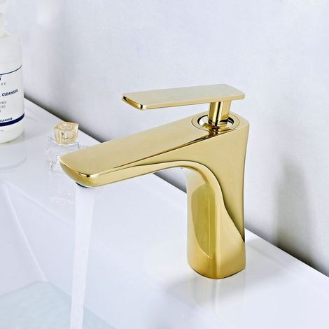 Robinet mitigeur de lavabo, robinet de lavabo de salle de bain, robinet de salle de bain moderne, robinet cascade, robinet chaud et froid, robinet de lavabo monotrou (couleur : chrome doré) (1/4)