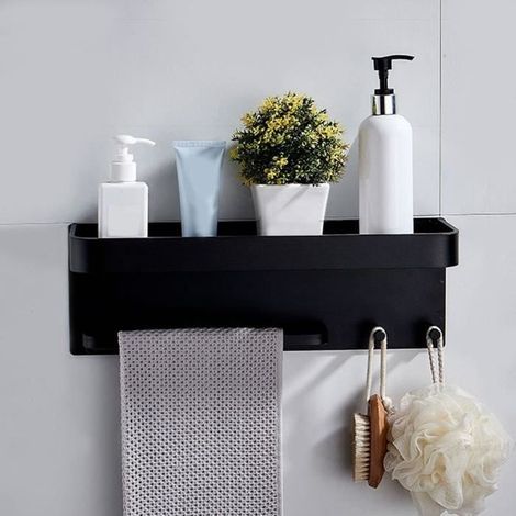 Space Aluminum Bathroom Shelf (Black): Towel Holder, Support & Wall-Mounted Shower Storage.
