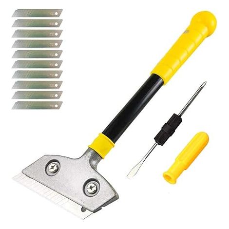 QAZQA Lame de grattoir multifonction en aluminium de 30,5 cm, grattoir à lame de rasoir robuste avec long manche, outils de décapage de peinture de papier peint, retrait d'adhésif pour carrelage de so