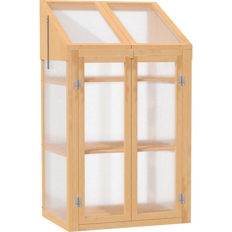 Petit serre en bois pour jardin 70 x 50 x 120 cm avec fenêtres, double porte et 3 étagères, brun (1/5)