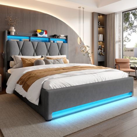 Lit rembourré 140 x 200 cm avec LED, ports USB et Type-C, tête de lit avec rangement, coffre sous lit avec système hydraulique, gris, sans matelas