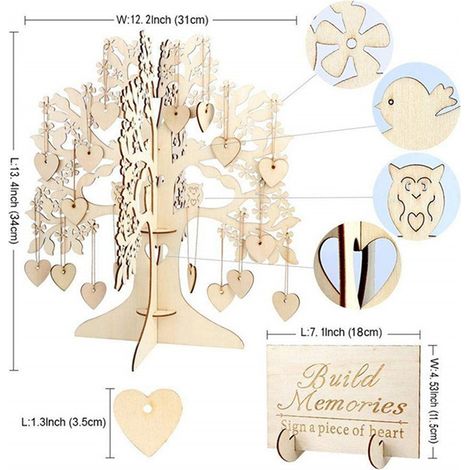 Livre d'or en forme d'arbre avec support, style rustique unique, avec 100 cœurs en bois. (1/5)