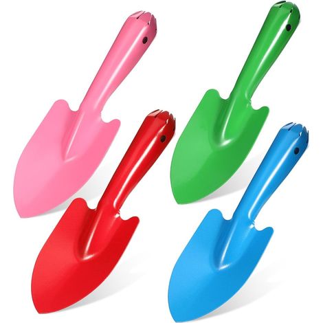 Lot de 4 truelles de jardin dimensions 20 x 6,5 cm en métal pour potager jardinière et plantation couleurs rouge bleue rose et verte (1/5)