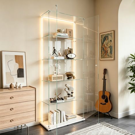 Armoire vitrine 5 étagères en verre trempé avec LED - Meuble de rangement design  blanc - Idéal salon, chambre (1/5)