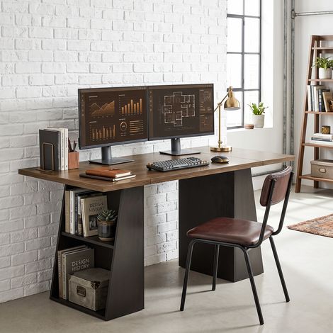 Bureau à 4 étagères ouvertes, style industriel, 140 cm, marron-noir (1/5)