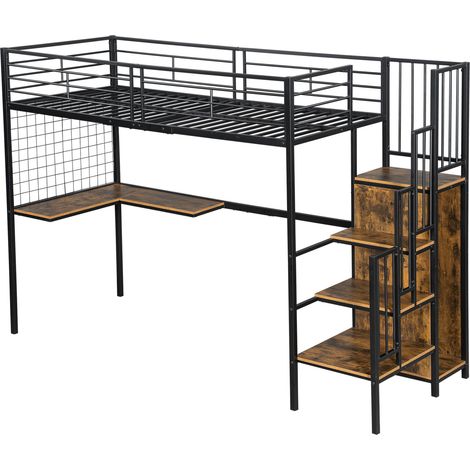 Lit mezzanine en métal 90x200 cm noir et bois foncé avec bureau et armoire MODENUIT (1/5)
