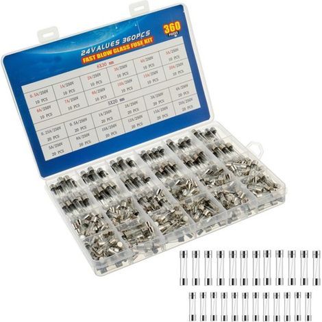 Longziming - Assortiment de 360 fusibles en verre – 5 x 20 mm et 6 x 30 mm – Fusibles à fusion rapide 250 V – 24 intensités nominales de 0,25 A à 20 A – Boîte de rangement (1/5)