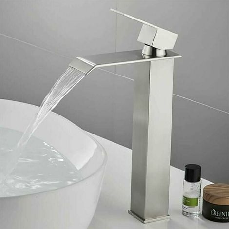 Robinet simple de lavabo Robinet Cascade Haut Salle de Bain Rectangulaire Monotrou Cartouche Céramique Chaude Froide Réglable Mitigeur pour Vasque Lavabo Acier Inox Chromé Argent sans Plomb