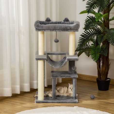 Kratzbaum 90 cm mit Hängematte, Höhle, Plattformen und Sisal-Kratzsäulen, grau (1/5)