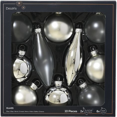 Decoris Weihnachtskugeln mit Tropfen-Ornamente aus Glas Ø 6 cm silber 10 Stück