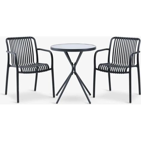 ORION91oficial® - Conjunto de Balcón para 2 Personas  Negro   Mesa + 2 Sillas  Acero y Cristal Templado  Mesa Ø60 x Alto 70 cm  Silla con Reposabrazos  Apilable  Exterior - spaziORION91 - Set (1/5)