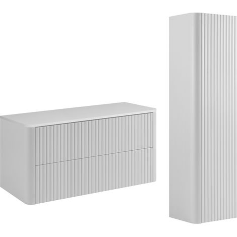 Set di mobili da bagno, 2 cassetti, chiusura ammortizzata, Bianco, 100,8 x 44,2 x 48,4 cm (1/5)