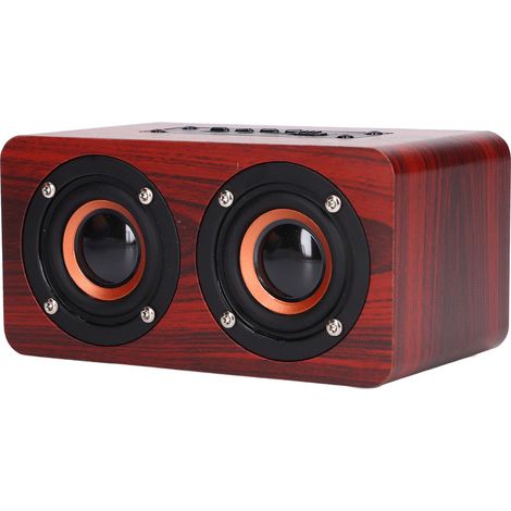 Enceinte portable rouge à double haut-parleur avec fonction d'appel vocal, chargement USB et caisson de basses intégré en bois. (1/5)