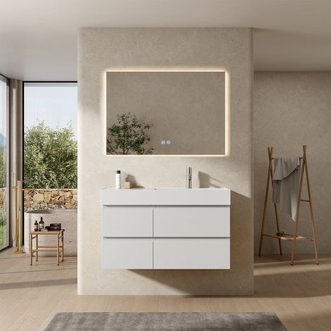 Mobile bagno sospeso 100 cm Bianco Lavabo a Destra in Resina Specchio Quadro Retroilluminato - Fiji Wood (1/4)