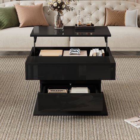 Couchtisch 70 x 70 x 45 cm, höhenverstellbar und drehbar, mit verstecktem Stauraum, Spanplatte, Schwarz (1/5)