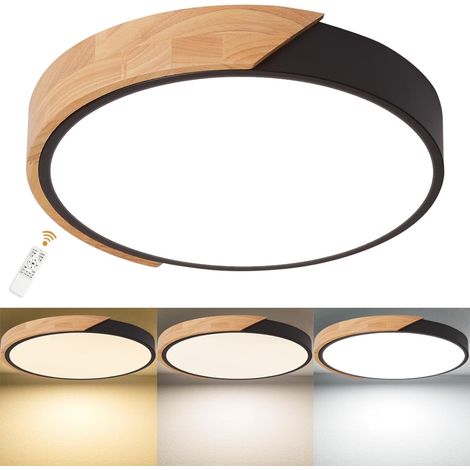 Plafonnier LED Moderne en Bois 30W, Dimmable avec Télécommande 3000K-6500K, 30cm, Éclairage Plafonnier pour Salon Chambre Cuisine Couloir (Noir) (1/5)