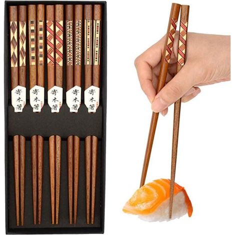 Juego de 5 pares de palillos tallados a mano, cada uno con un diseño diferente, en caja. (1/5)
