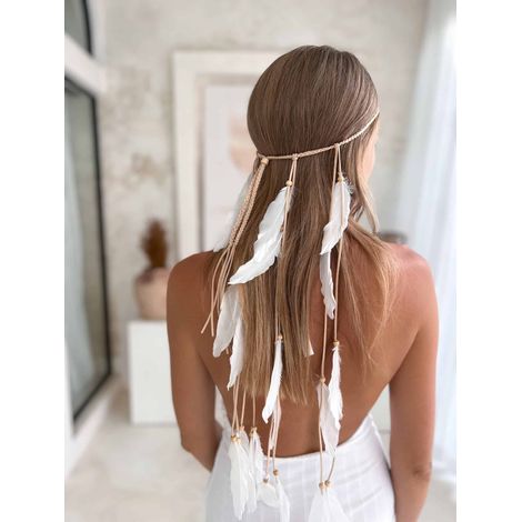 Fascia per capelli lunga bianca in stile boho con piume (1/4)