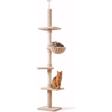 Arbre à chat beige sol plafond 230 à 260 cm à hauteur réglable avec plateformes, hamac et poteaux en sisal, accessoire design sobre pour intérieur pratique et ajustable