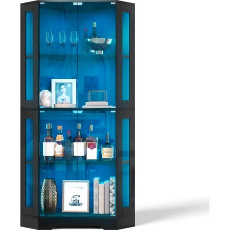 CHICFURN Vitrina esquinera de vidrio con LED RGB, 165 cm, 4 puertas de cristal templado, 2 baldas ajustables, mueble auxiliar negro para cocina y comedor (1/5)