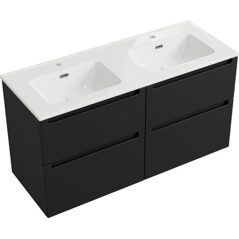 BERNSTEIN - Mueble lavabo doble suspendido MDF Negro mate 120x46x62cm, senos blancos + Desagües pop-up + orificios grifería - VIREO 120 Negro mate