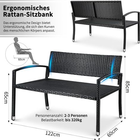 Rattan Gartenbank, Outdoor Bank, 2 Sitzer Balkonbank, Gartenmöbel, Einseitiges Rattan, 122x60x85cm, Schwarz