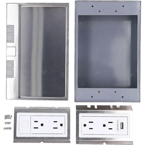 Multiprise intégrée, ports USB et PC plats en acier inoxydable argenté à 4 et 3 trous, prise de terre intégrée. (1/4)