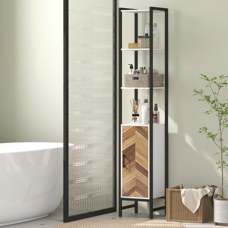 Mobiletto da bagno alto con 3 ripiani a giorno, 1 anta e ripiano antiribaltamento regolabile, 30x30x170 cm, bianco e noce.