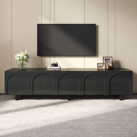 Meuble TV bas moderne, 5 portes aux lignes arquées, passe-câbles, grand rangement, MDF et panneaux de particules, pieds métal (1/5)