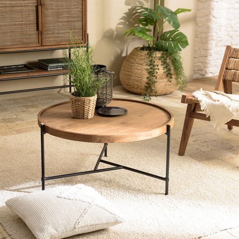 SIXTINE - Table basse ronde diam 78 plateau en bois de teck recyclé (1/5)