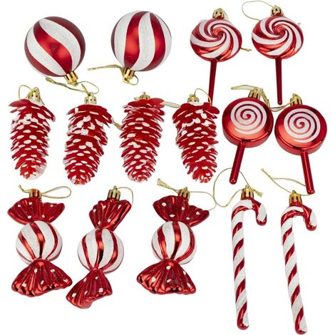 Lot de 15 décorations de Noël – Ornements rouges et blancs à paillettes – Inclut des décorations en forme de sucres d'orge, de pommes de pin et de sucettes (1/5)