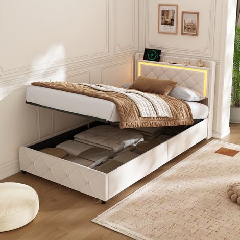 Lit coffre 90 x 200 cm, lit double 90x200 avec sommier, avec port USB et LED, sommier à lattes en bois, beige, velours