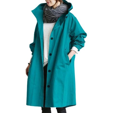 Damen-Windjacke, lockere Passform, geknöpfte Taschen, Kapuze, wasserdicht, ideal zum Wandern – L-Blau