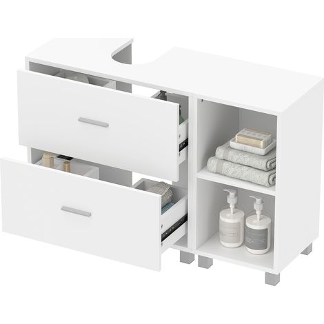 Meuble sous lavabo 2 tiroirs étagères ouvertes bois 90x30x60 cm blanc