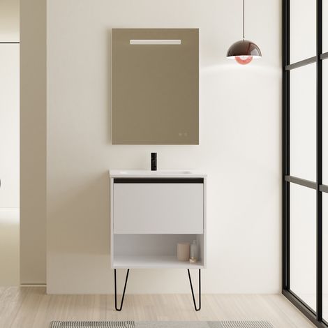 Meuble salle de bain simple vasque YOKO blanc brillant 60 cm Miroir inclus (1/5)