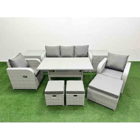 Fimous PE Rattan Garden Furniture Set Reclining Chair Sofa Lounge Sofa Set Rectangular Dining Table 2 Side Table 3 Stools Light Grey (1/4)
