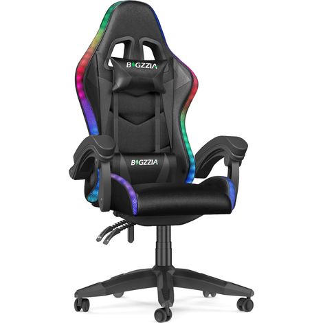 Ergonomischer Gaming-Stuhl mit RGB-LED-Beleuchtung – Hohe Rückenlehne mit 155° Neigung – Kunstleder – Belastbarkeit: 136 kg – 360° drehbar – Schwarz