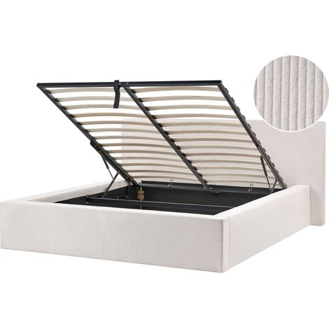 Slatted Bed Frame Light Beige Corduroy Fabric Upholstered Plastic Legs Ottoman Storage 5ft3 EU King Size Modern Design LILLEBONNE