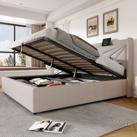 Letto matrimoniale moderno in lino beige 180x200 cm con testiera geometrica, USB/Type-C, vano contenitore e rete a doghe