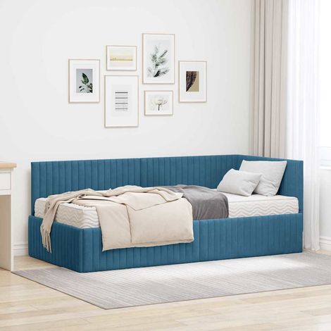 vidaXL Cadre de lit d'angle avec matelas 2 pc Bleu 90 x 190 cm Velours (1/5)