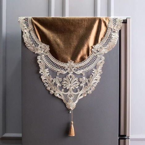 Couvercle Anti-poussière pour Réfrigérateur Couvercle du Congélateur à Deux Portes Côte à Côte Couvercle Supérieur du Réfrigérateur à Broderie -1 pièce,Brun