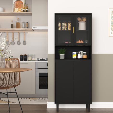 Aparador alto de MDF negro con 4 puertas y vitrina de vidrio templado, gran capacidad de almacenaje (1/5)