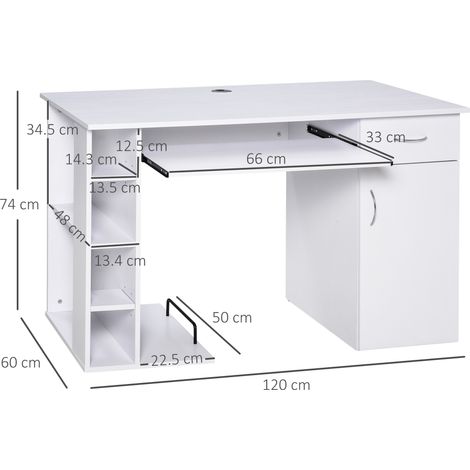 Bureau PC ergonomique avec étagères, placards, tiroirs et plateau coulissant pour clavier, blanc, 120 x 60 x 74 cm (1/5)