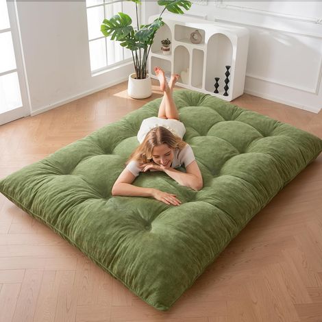 Matelas Futon 2 Places Épais 15CM Garnissage en Mousse Déchiquetée, Tissu Chenille avec Boutonné Design, Enroulable Matelas de Sol/Futon Pliable Pratique (Cadre Non Inclus) (1/5)