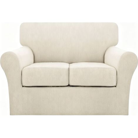 Housse de canapé 2 places 3 pièces, tissu jacquard extensible, protection animaux, lavable en machine, beige biscotti (1/5)
