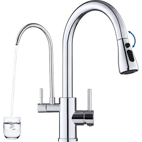 Mitigeur Cuisine 3 Voies Inox 304 Chromé Douchette Extractible Bec (1/5)