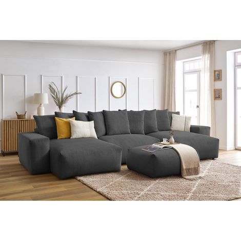 BOBOCHIC - Canapé panoramique convertible coffre VOLTAIRE avec pouf Panoramique Gris foncé (1/5)