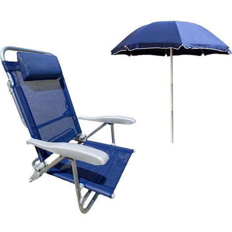 Spiaggina Sdraio in Alluminio Reclinabili con Braccioli Blu + Ombrellone 180 cm (1/5)