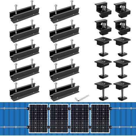 Kit de Fixation pour Panneau Solaire, Adapté à 4 Panneaux Solaires 10 Rails Courts Aluminium 120mm, 6 Pinces Centrales 30/35mm, 4 Pinces d’Extrémité 30/35mm, pour Panneau Solaire, Noir (1/5)
